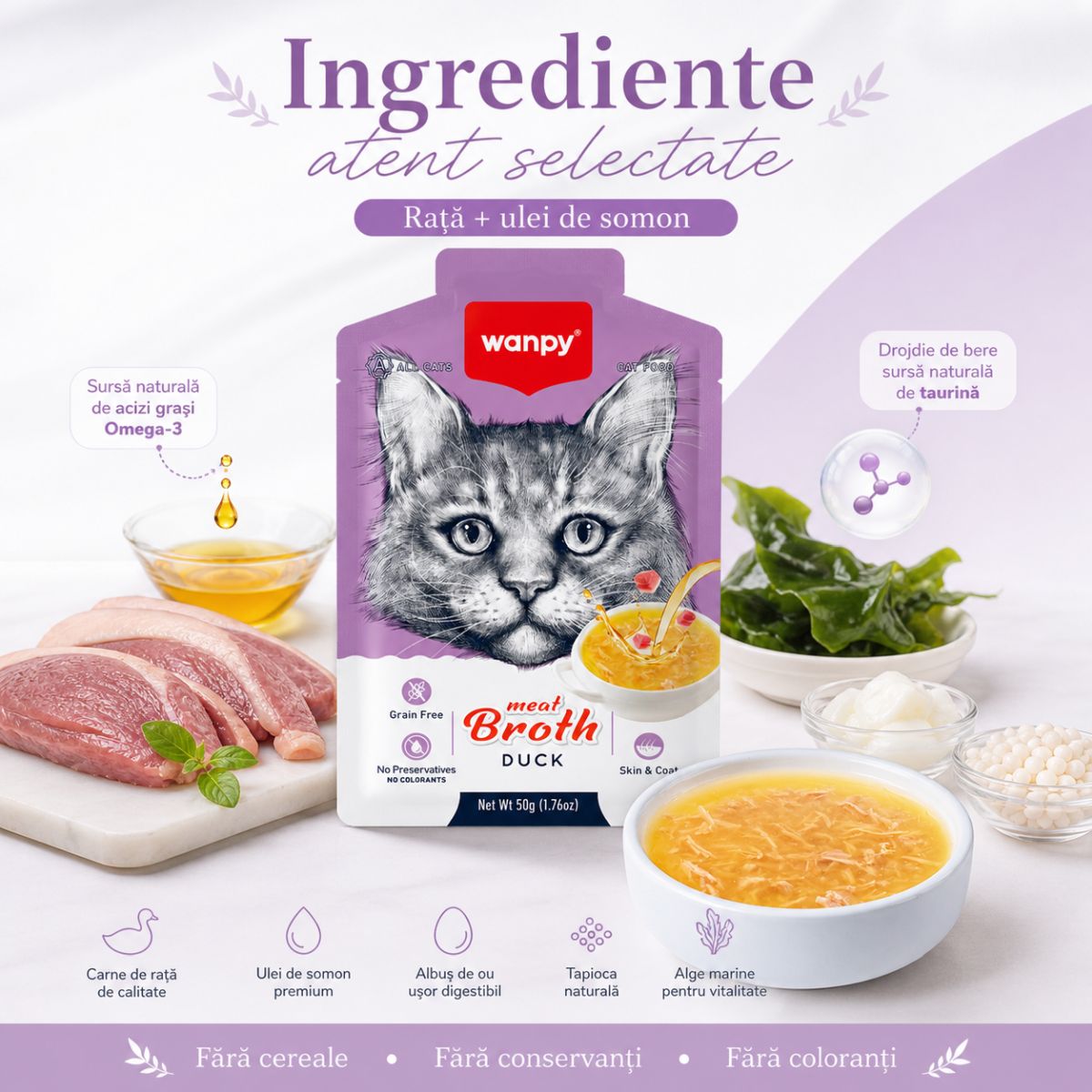 WANPY Meat Broth, Rață, plic hrană umedă pisici, (supă), 50g